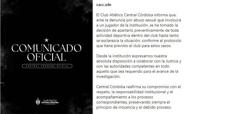 Central Córdoba decidió apartar al jugador de la Reserva denunciado por abuso sexual